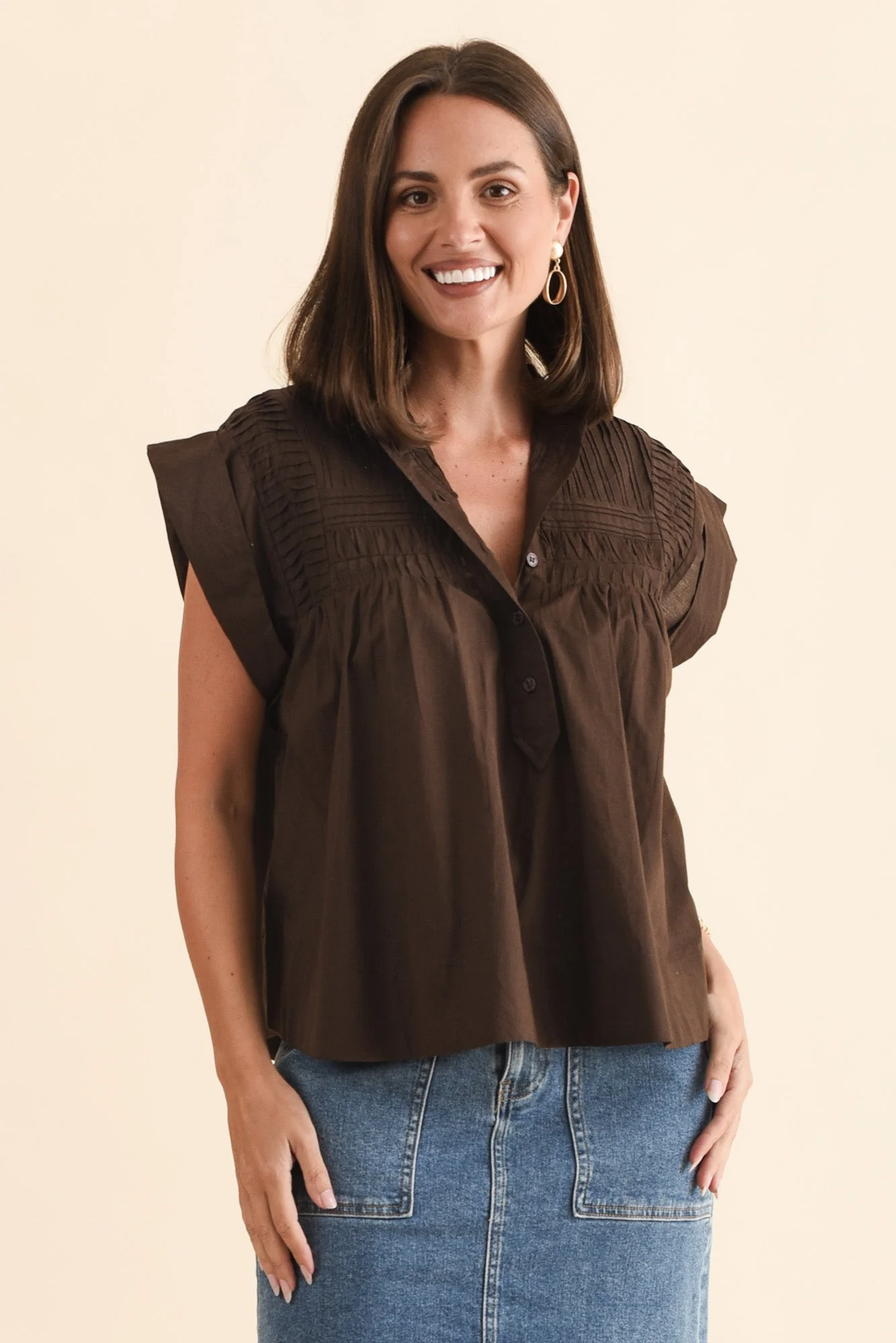 Sharlie Chocolate Cotton Button Top