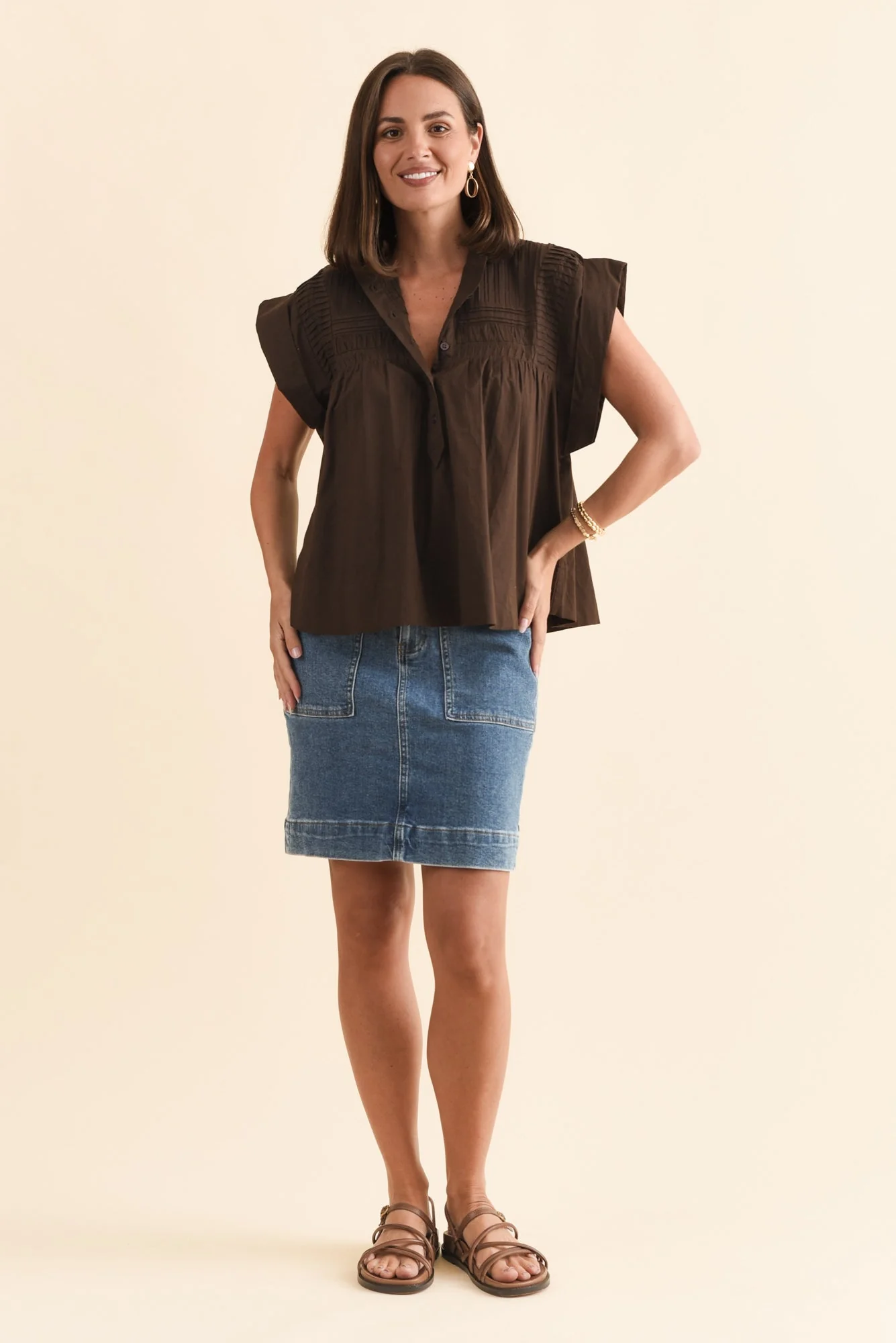 Sharlie Chocolate Cotton Button Top - Image 2