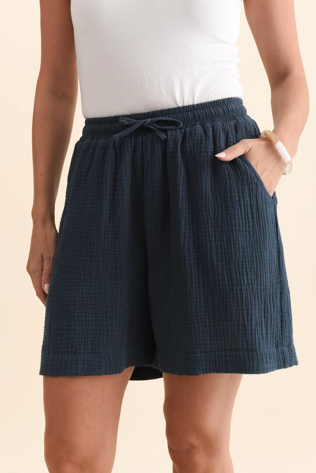 Spencer Navy Cotton Cheesecloth Shorts - Image 5