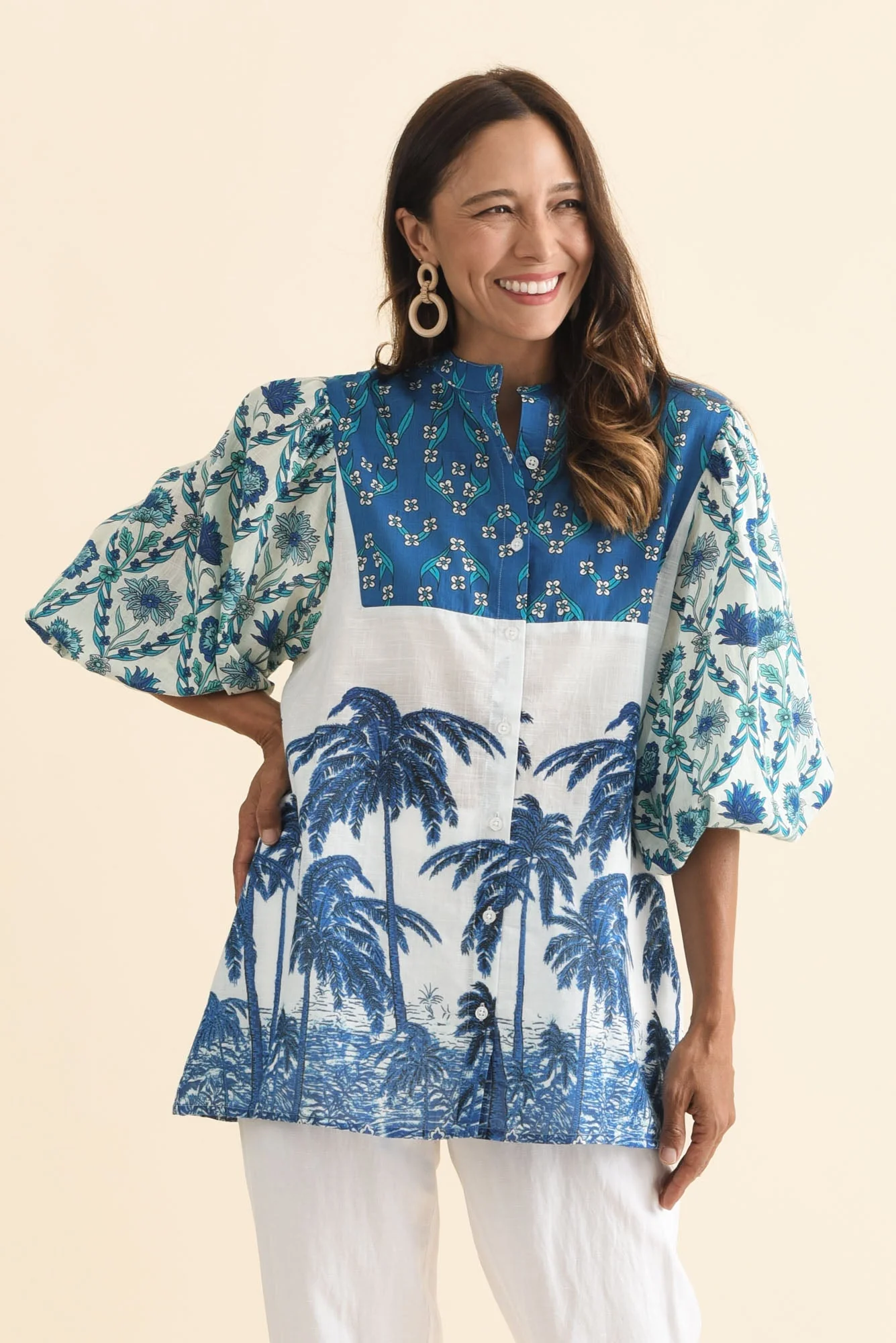 Stalone Blue Tropical Cotton Blouse