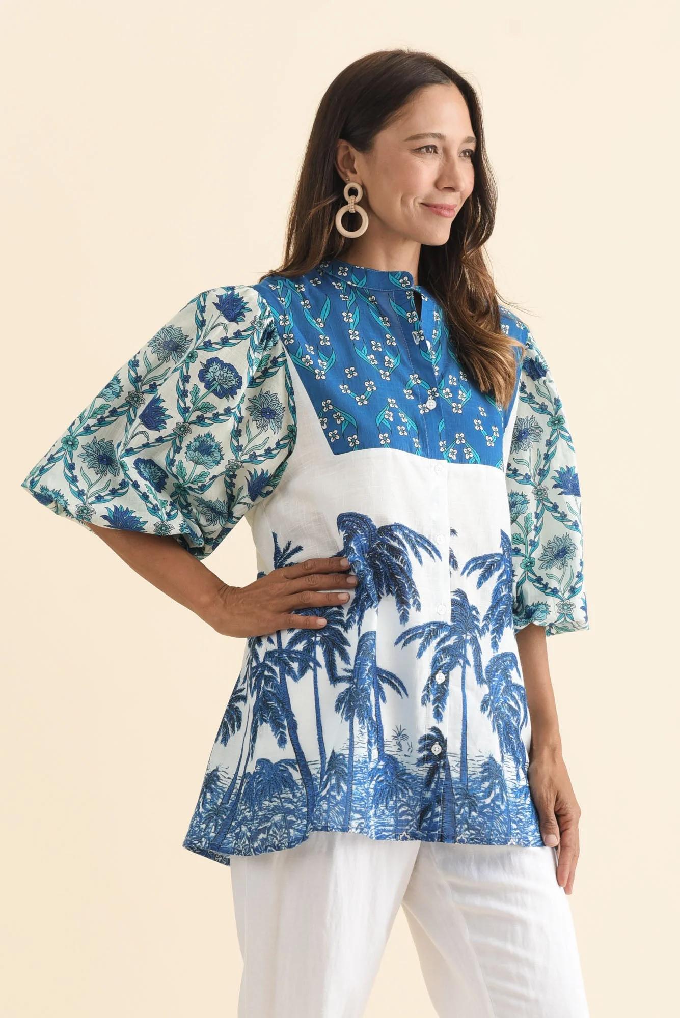 Stalone Blue Tropical Cotton Blouse - Image 3