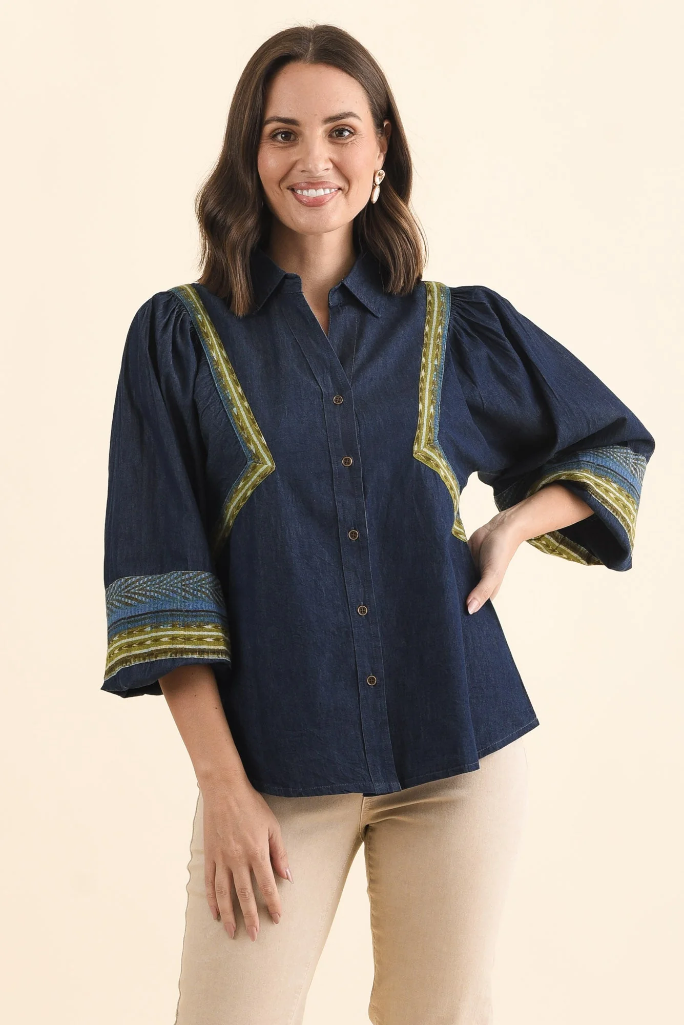 Stiles Blue Denim Puff Sleeve Top