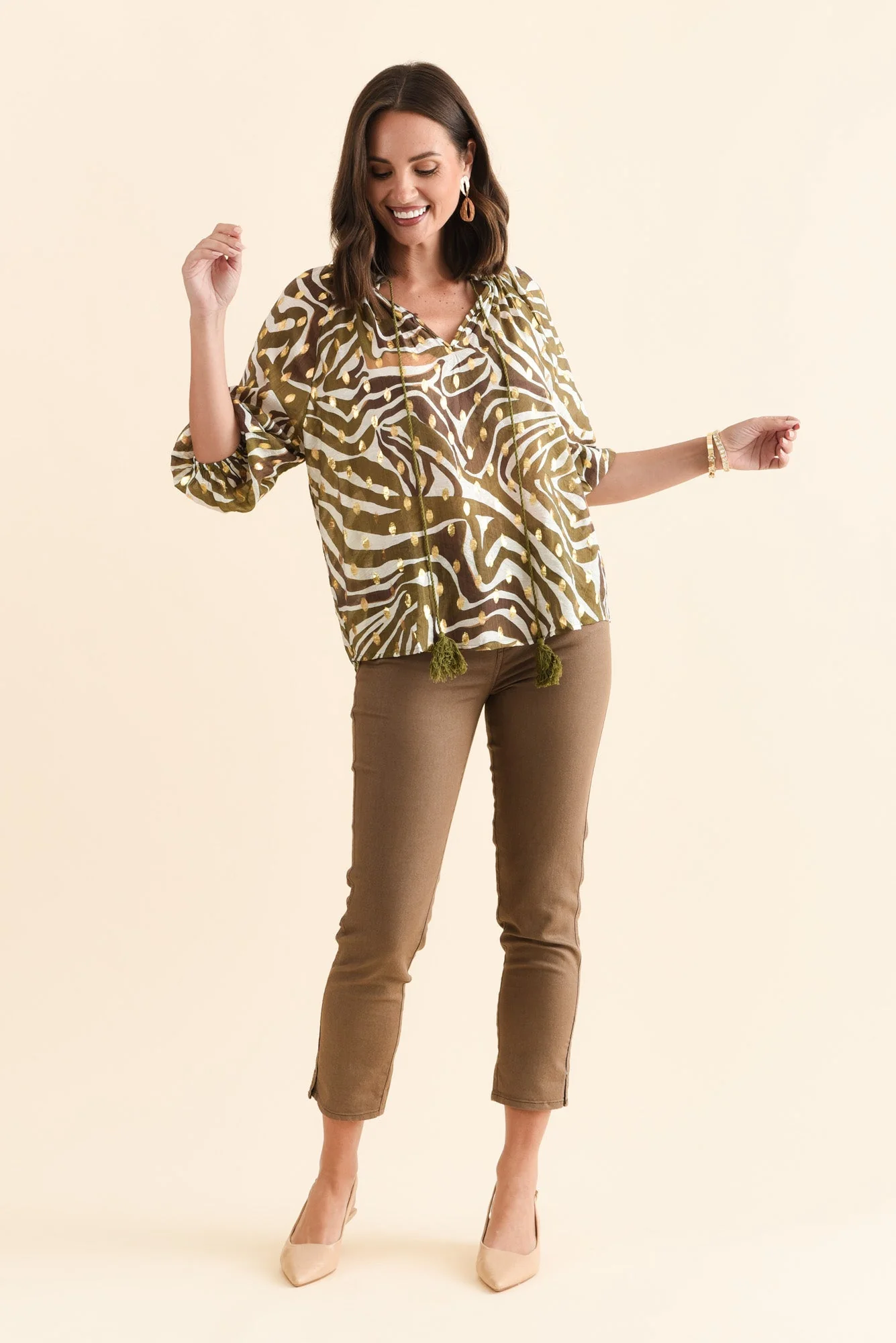 Theo Khaki Swirl Cotton Blend Blouse - Image 2