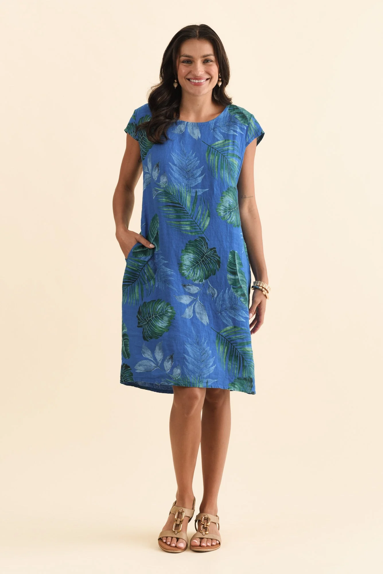 Tina Cobalt Palm Linen Pocket Dress