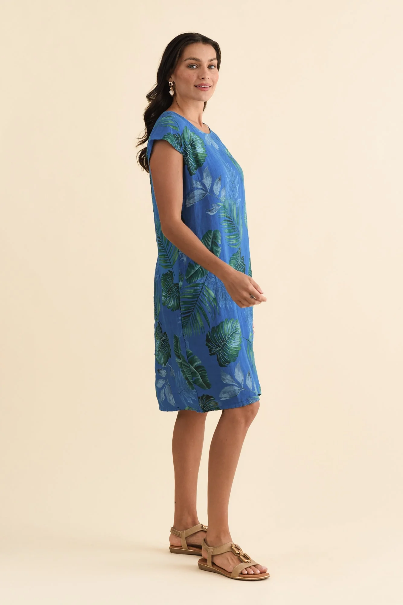 Tina Cobalt Palm Linen Pocket Dress - Image 3
