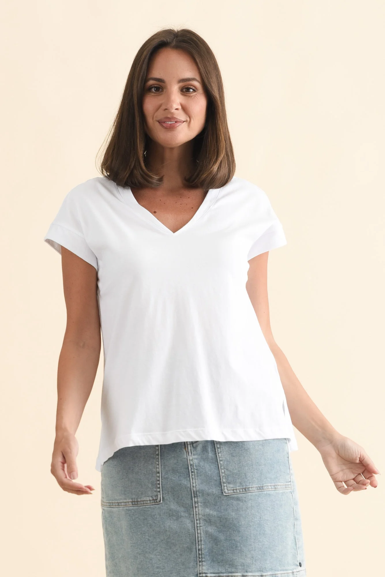 Tracy White Cotton V Neck Tee