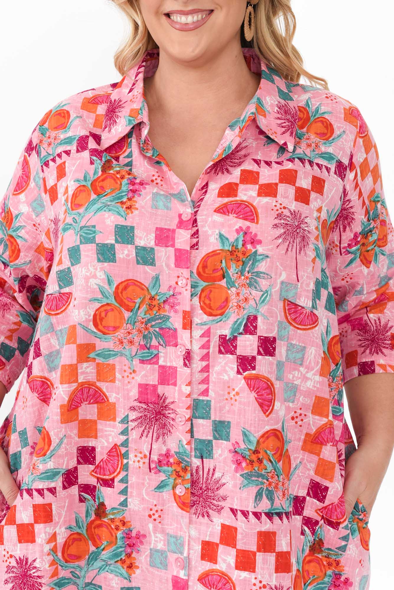 Tricia Pink Tropical Cotton Shirt Dress - Image 12