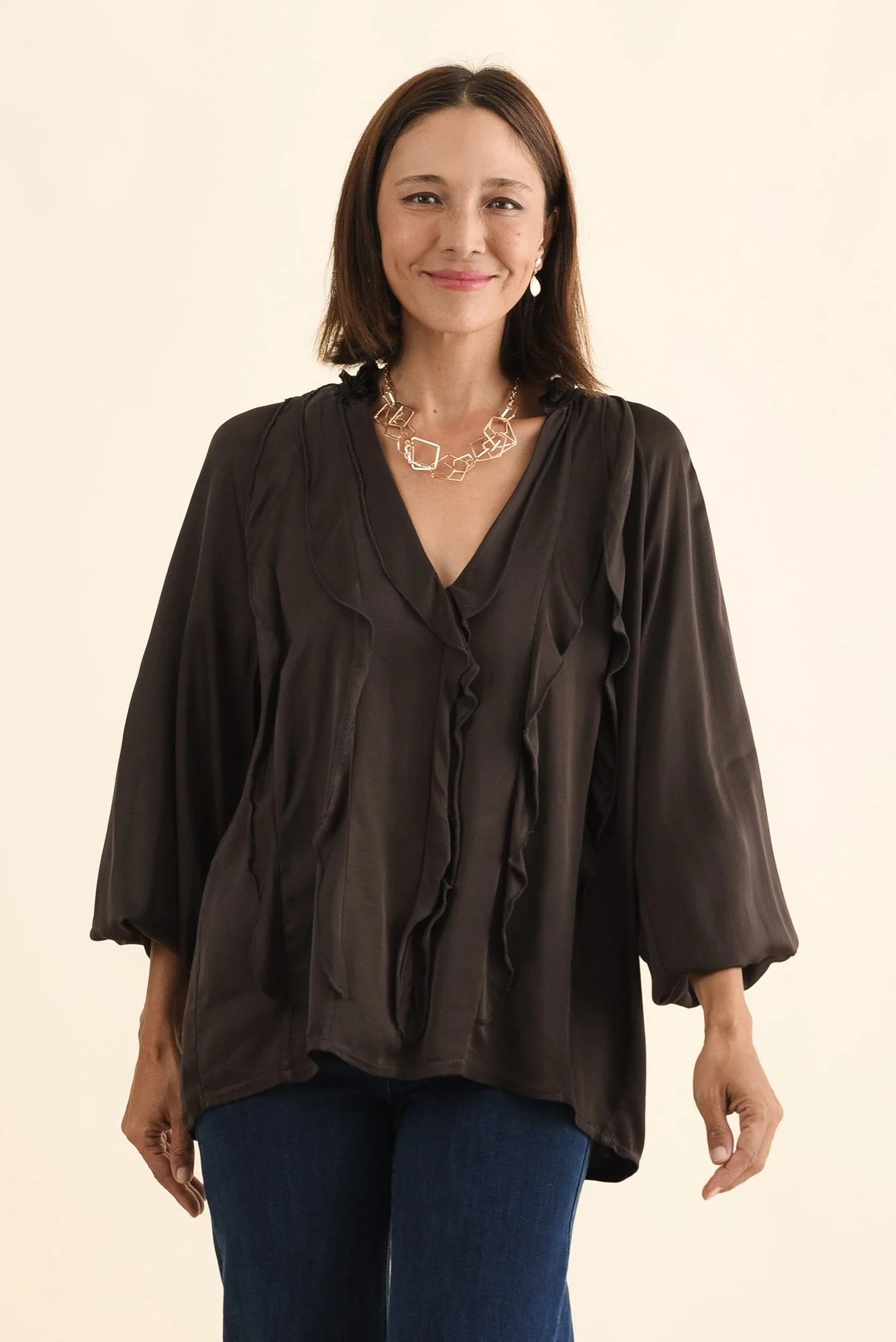 Trove Chocolate Silk Ruffle Top
