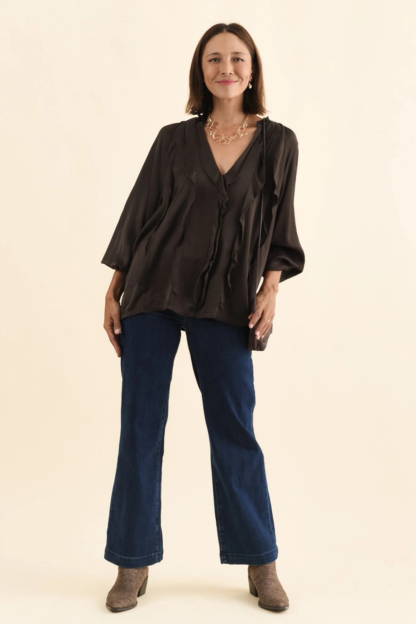 Trove Chocolate Silk Ruffle Top - Image 2