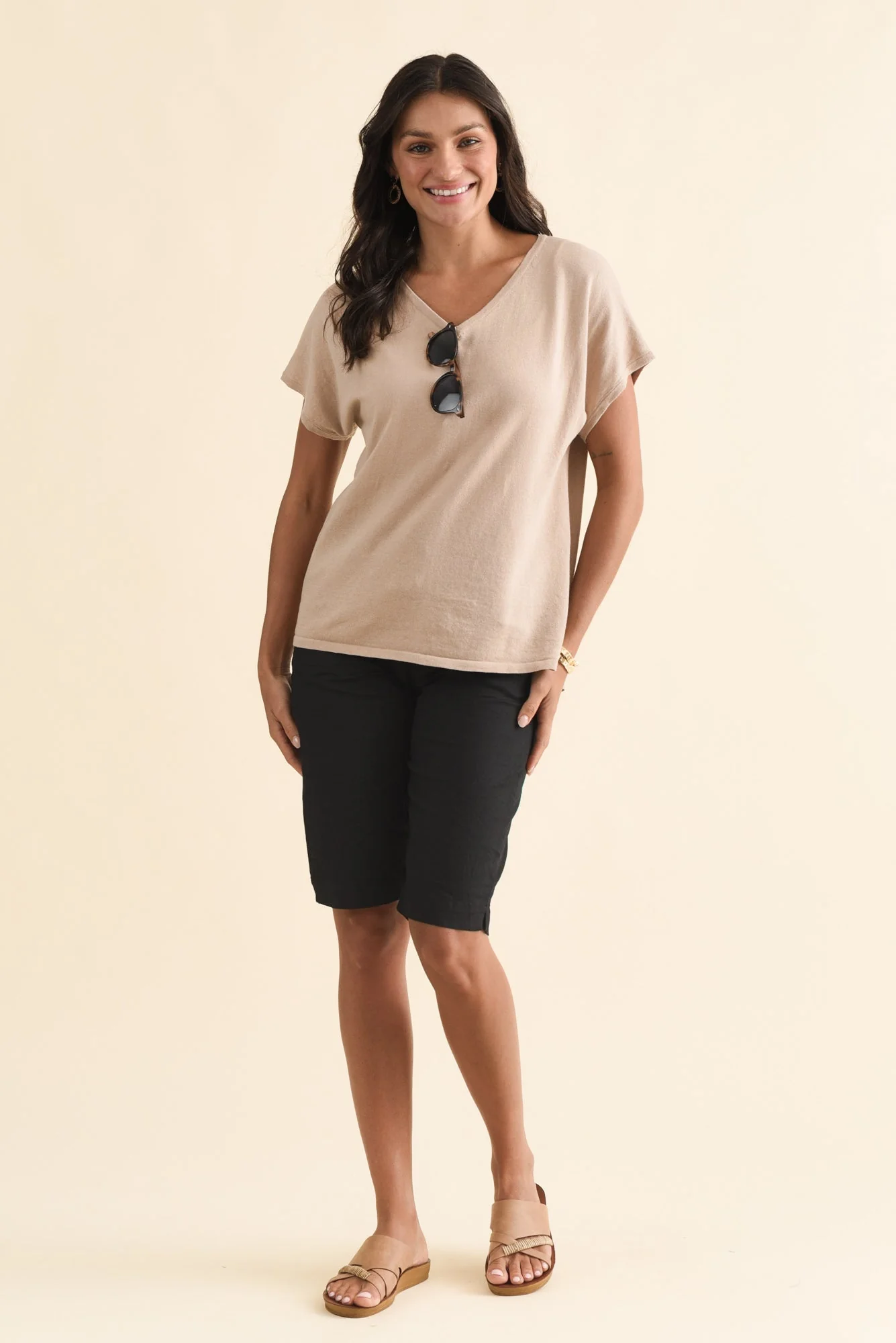 Via Beige Cotton V Neck Knit Top - Image 2