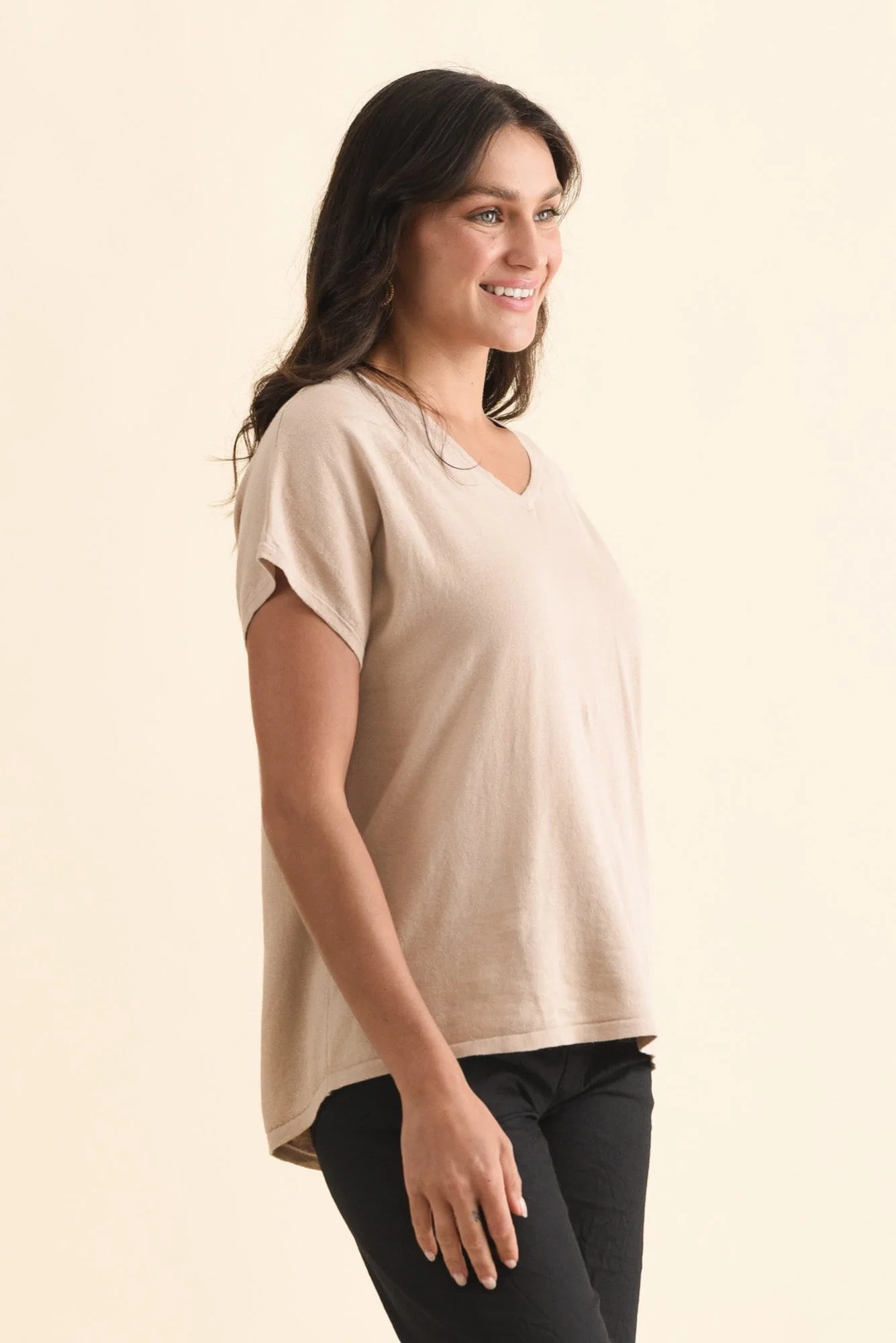 Via Beige Cotton V Neck Knit Top - Image 3