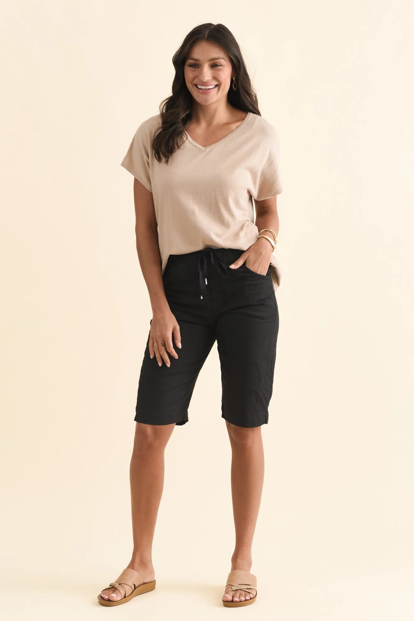 Via Beige Cotton V Neck Knit Top - Image 6