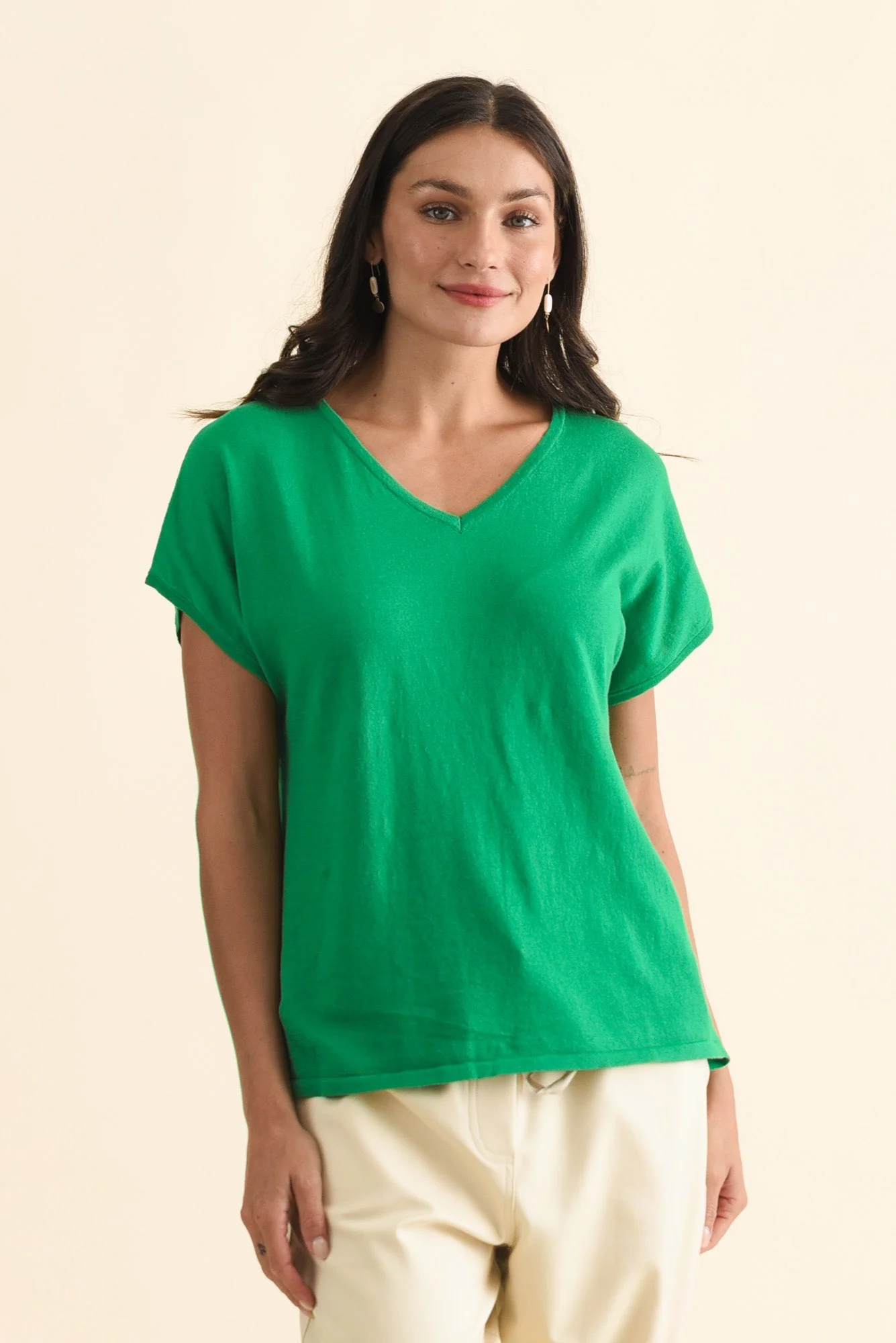 Via Green Cotton V Neck Knit Top