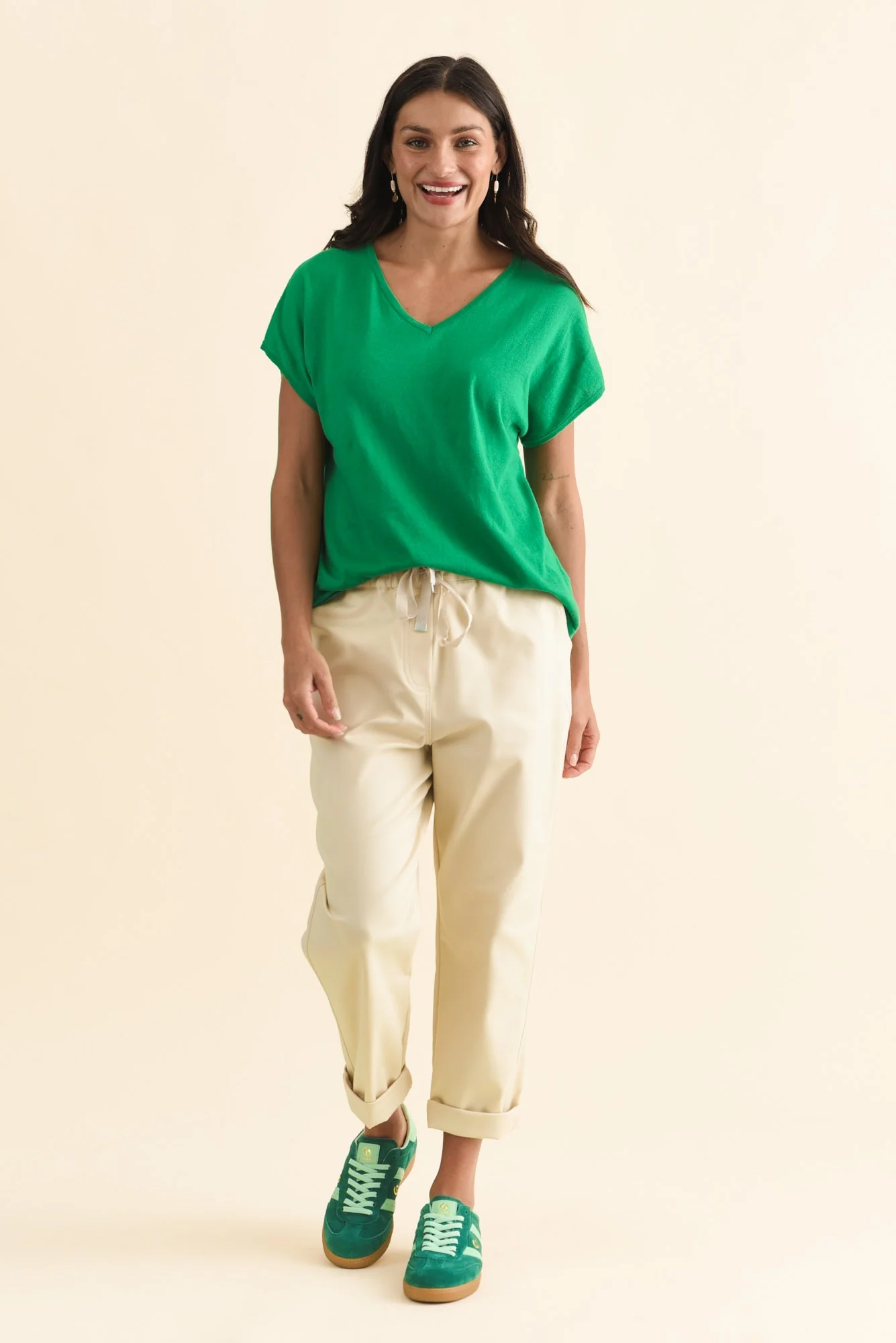 Via Green Cotton V Neck Knit Top - Image 2