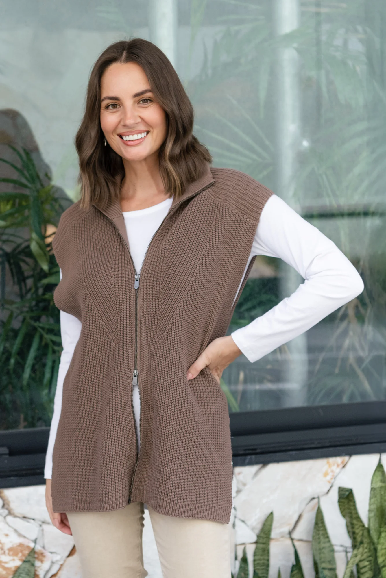 Viona Mocha Cotton Zip Knit Vest