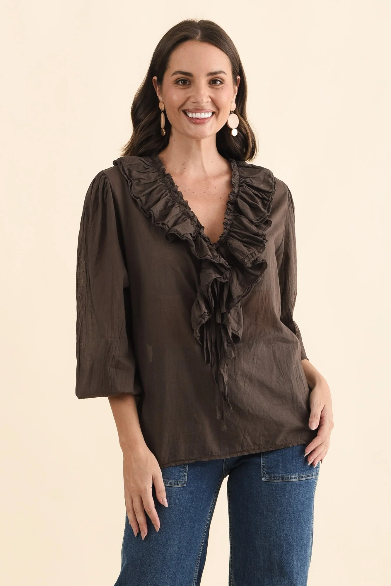 Winifred Chocolate Cotton Frill Top - Image 2