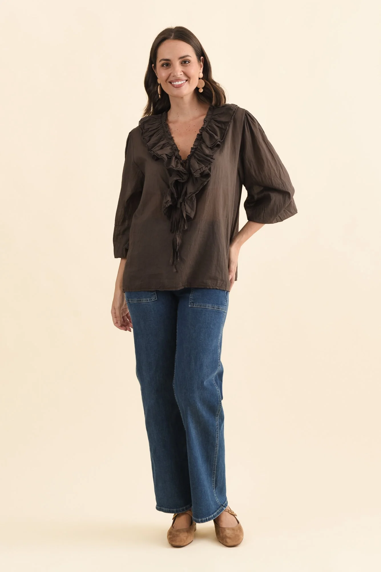 Winifred Chocolate Cotton Frill Top - Image 3