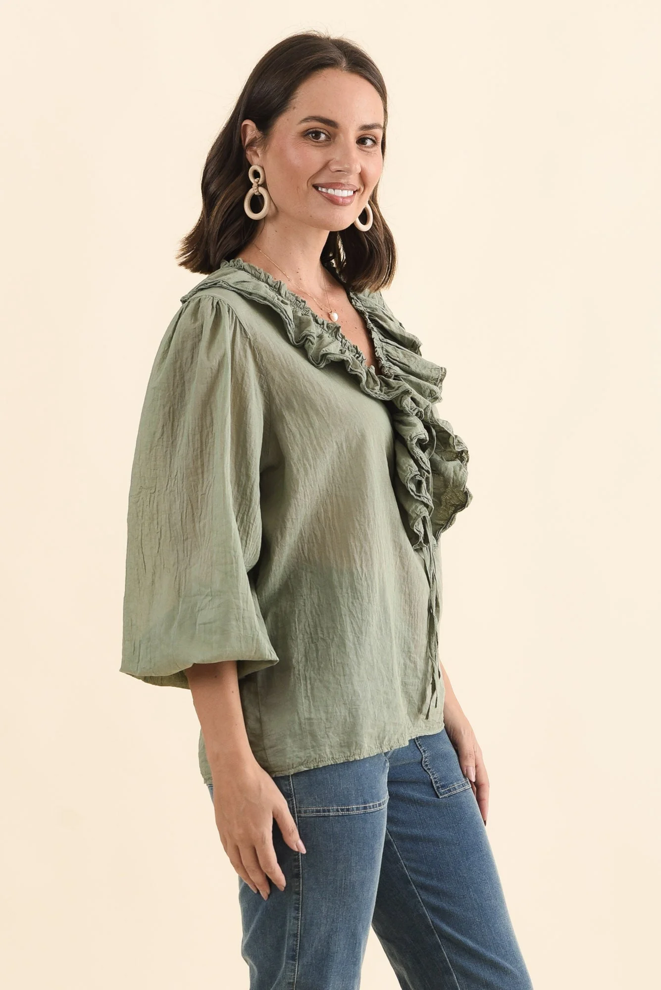 Winifred Khaki Cotton Frill Top - Image 3