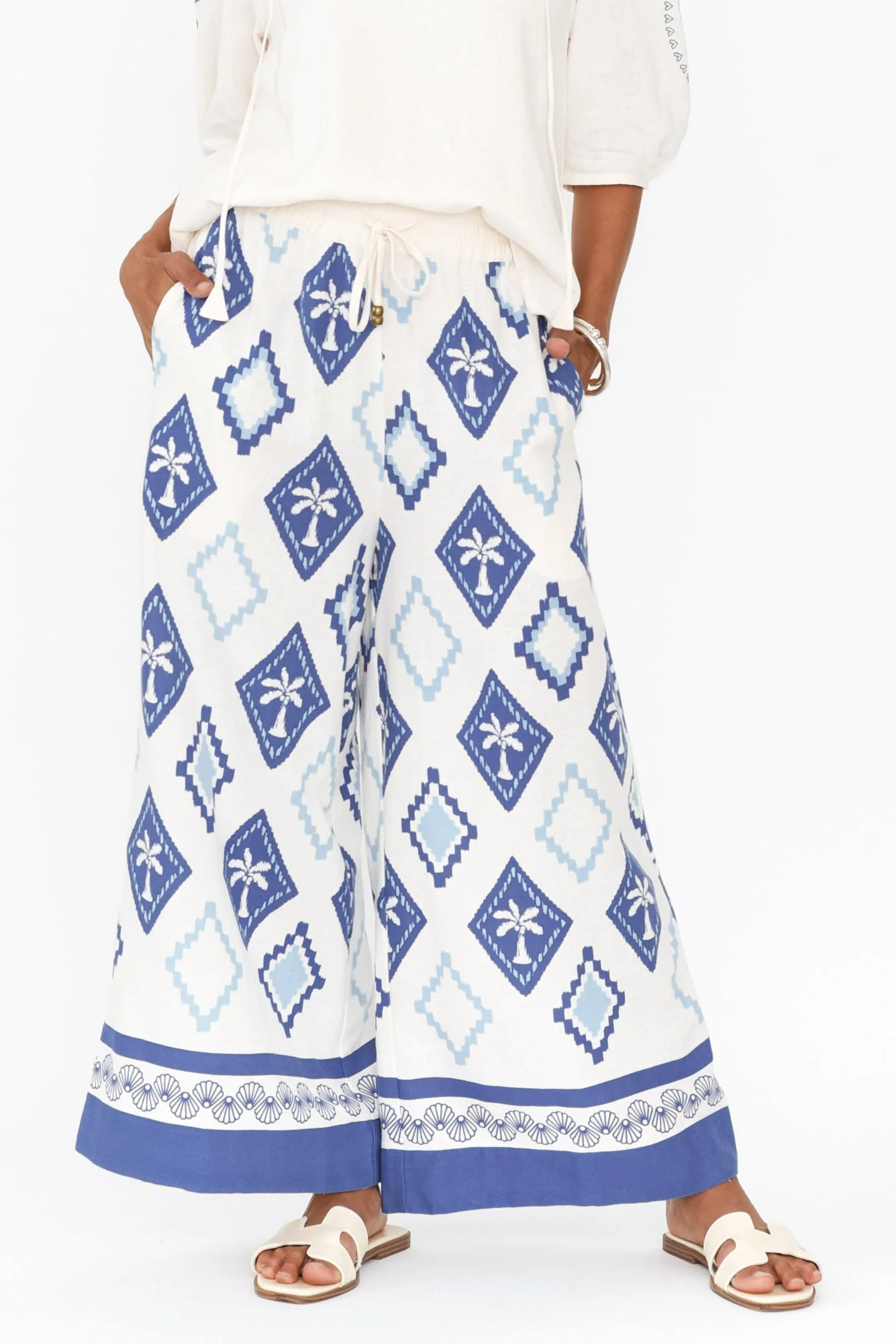 Yara Blue Palm Linen Pants