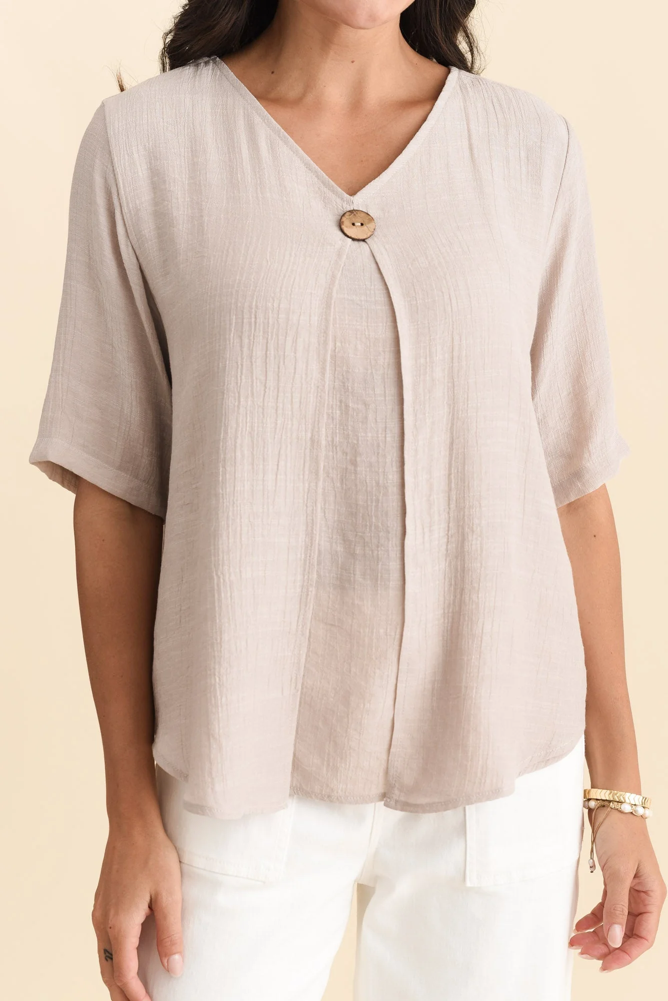 Yasmin Beige Layered Button Top - Image 6