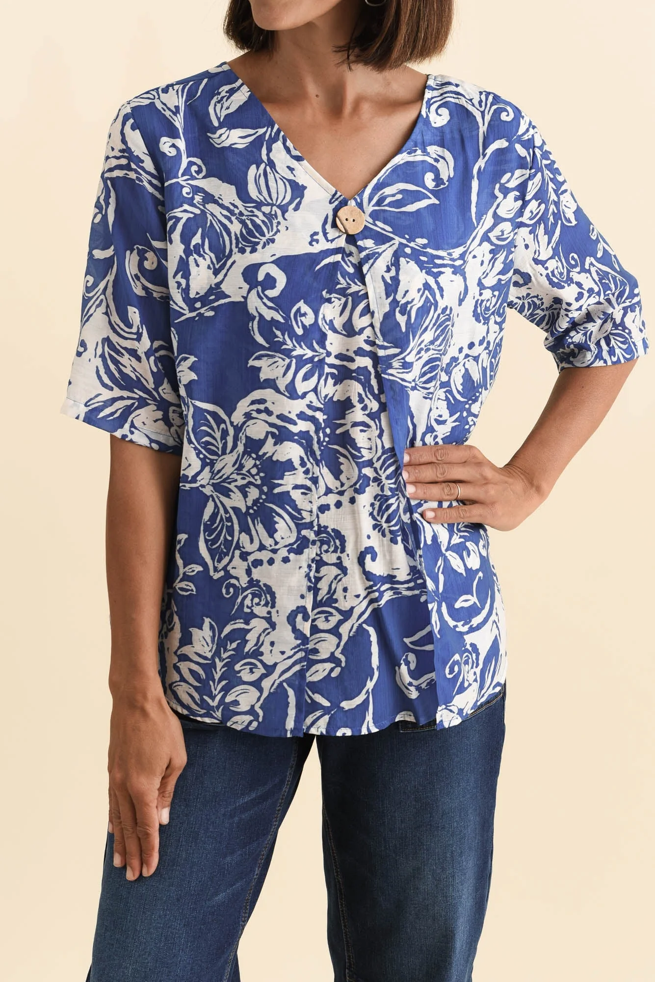 Yasmin Blue Abstract Layered Button Top - Image 6