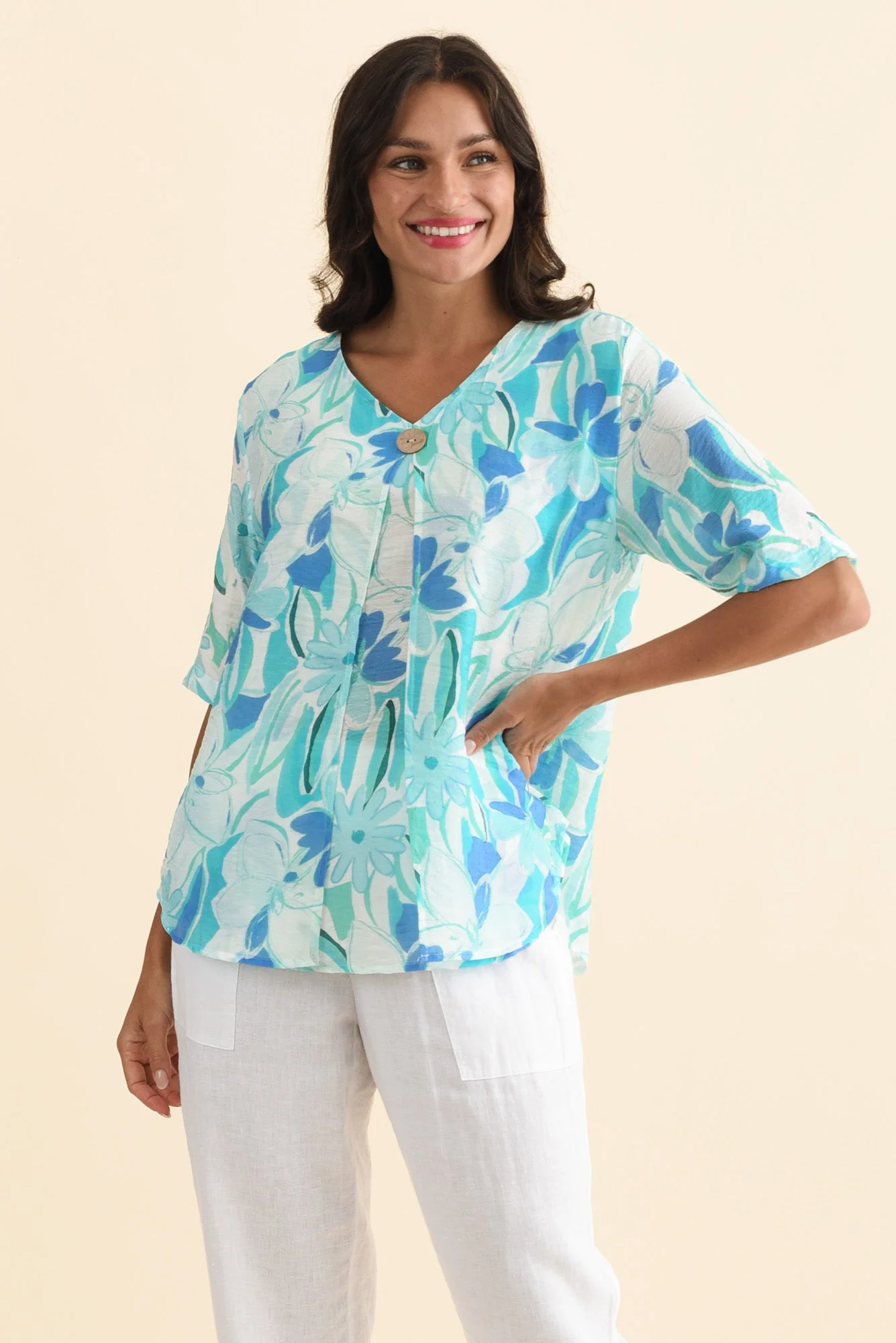 Yasmin Blue Floral Layered Button Top - Image 2