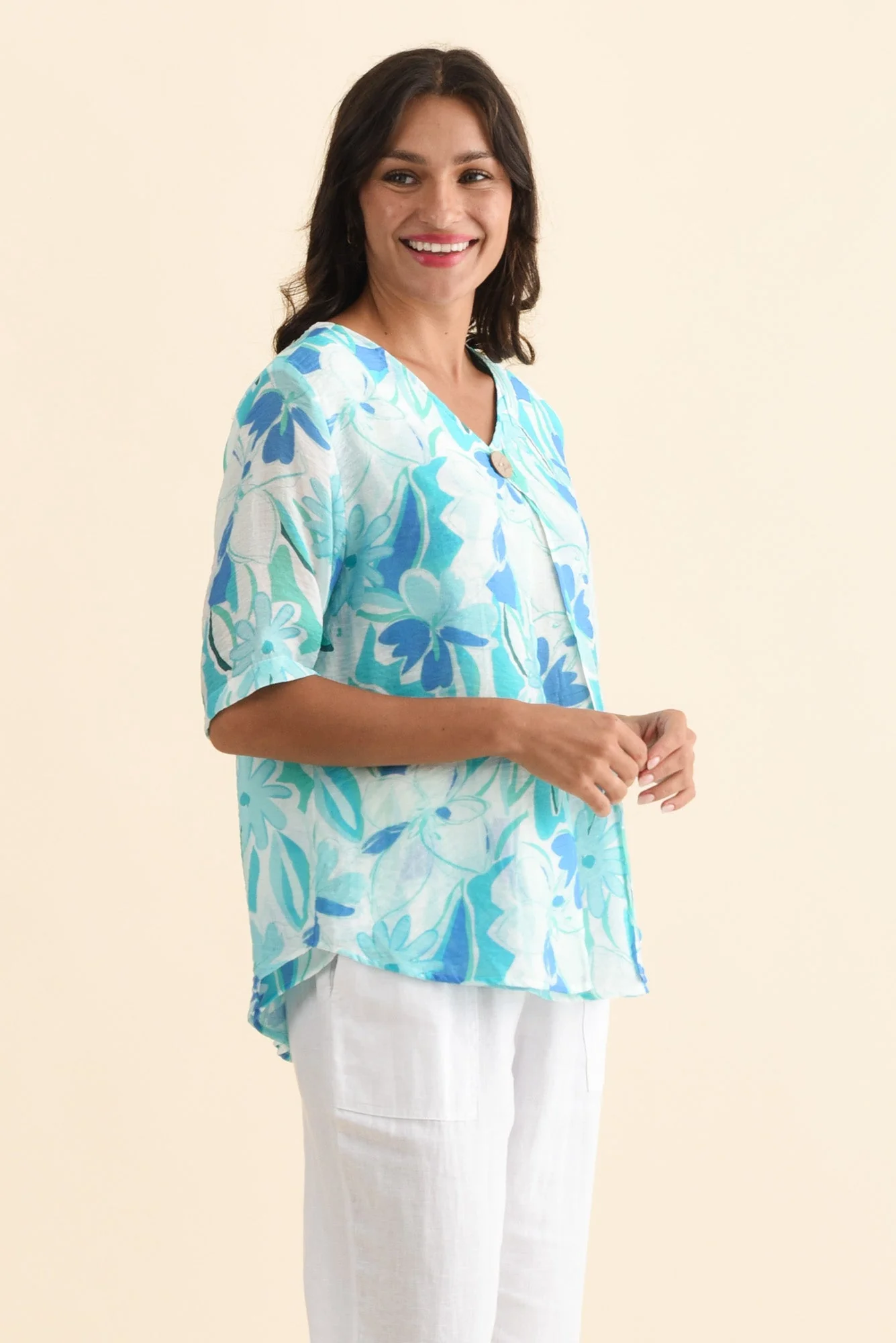Yasmin Blue Floral Layered Button Top - Image 4