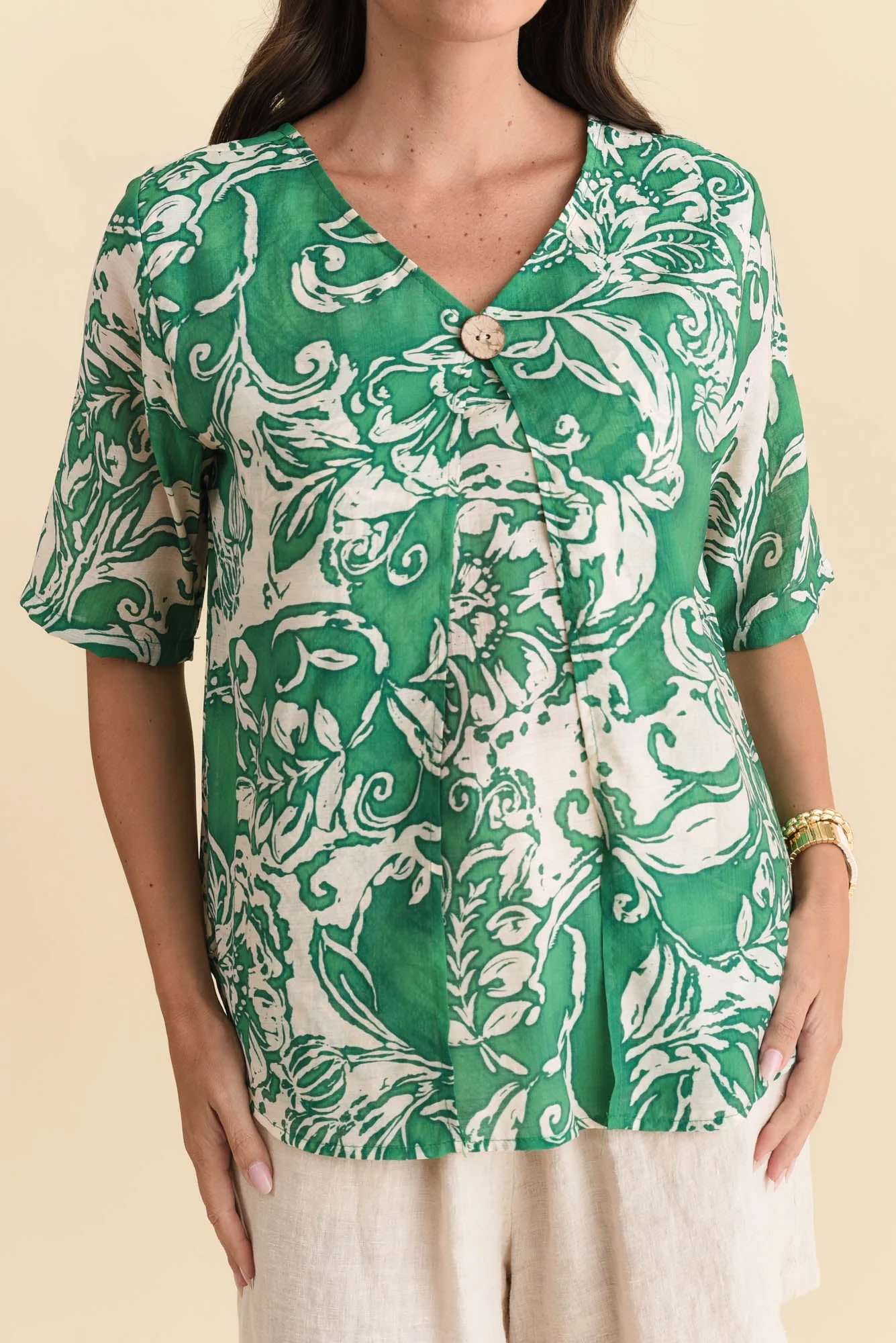 Yasmin Green Abstract Layered Button Top - Image 6