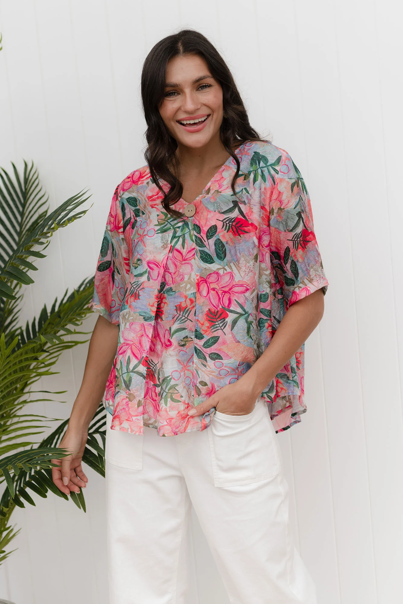 Yasmin Pink Floral Layered Button Top