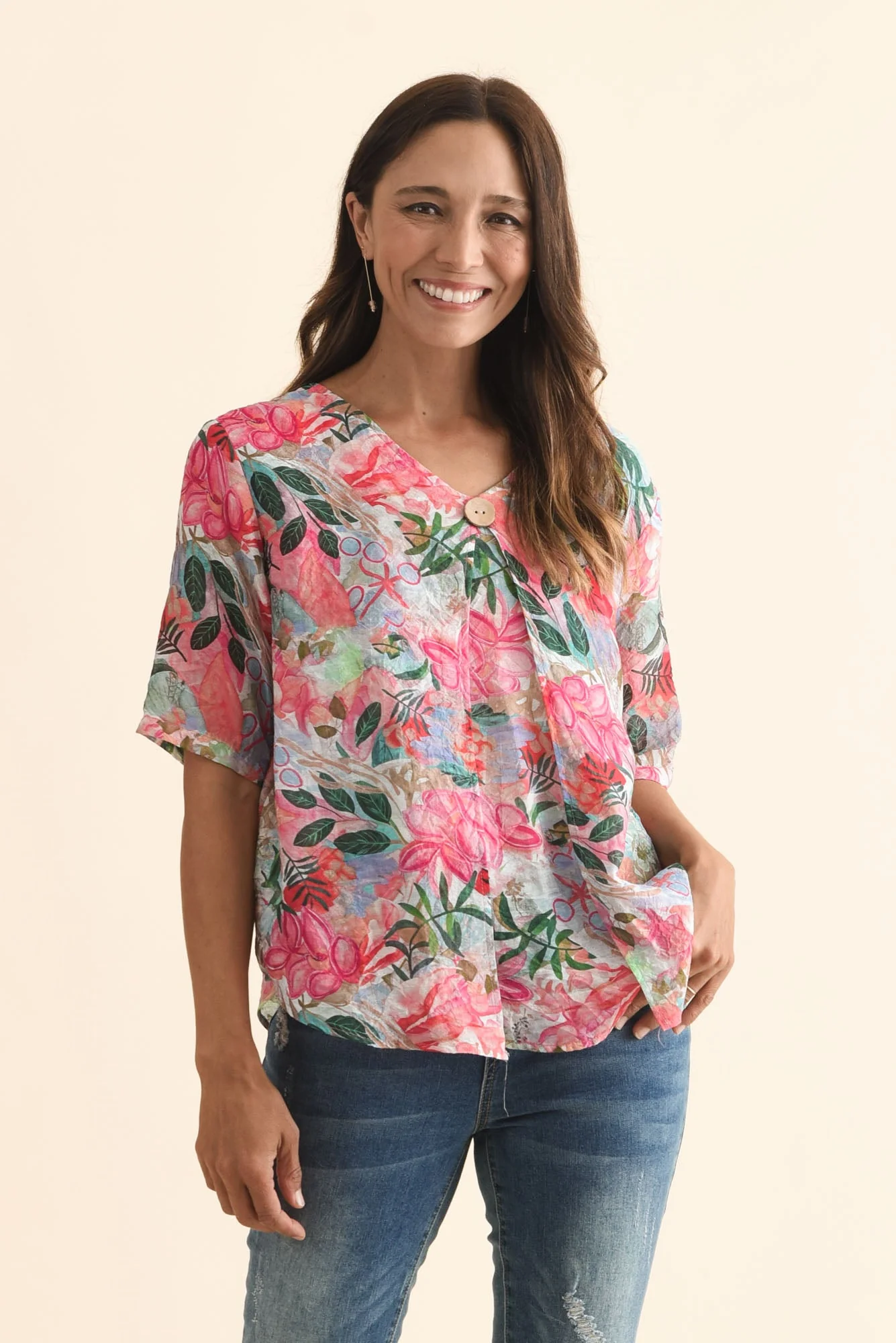 Yasmin Pink Floral Layered Button Top - Image 2