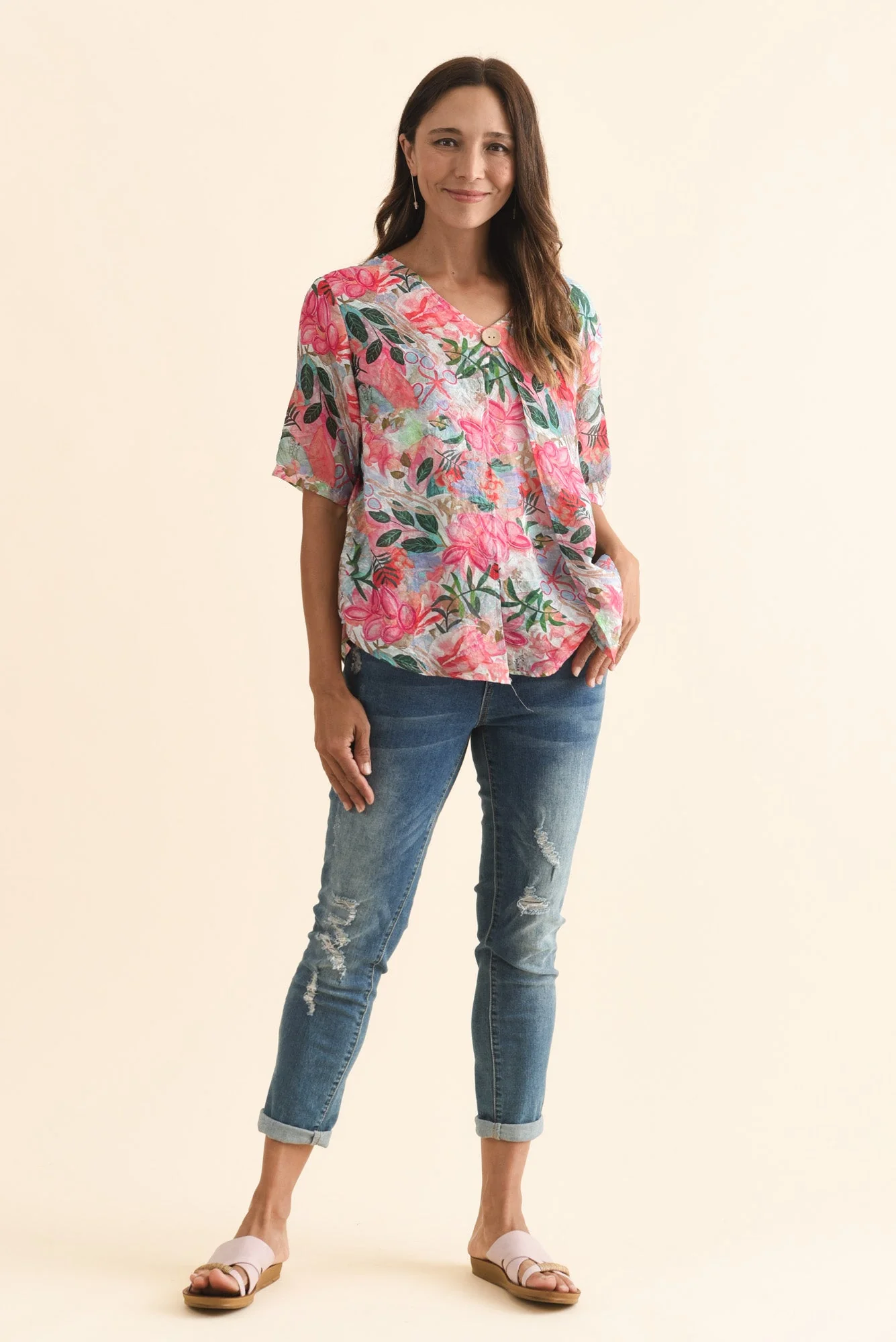 Yasmin Pink Floral Layered Button Top - Image 3