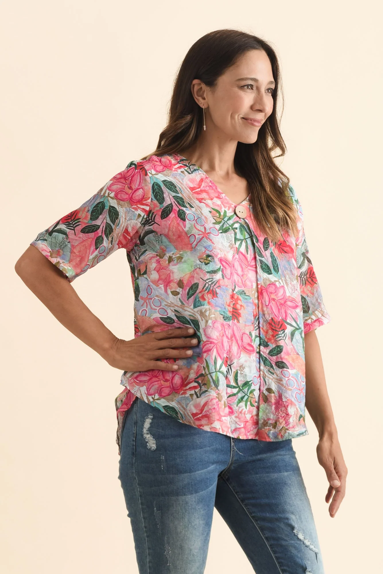 Yasmin Pink Floral Layered Button Top - Image 4