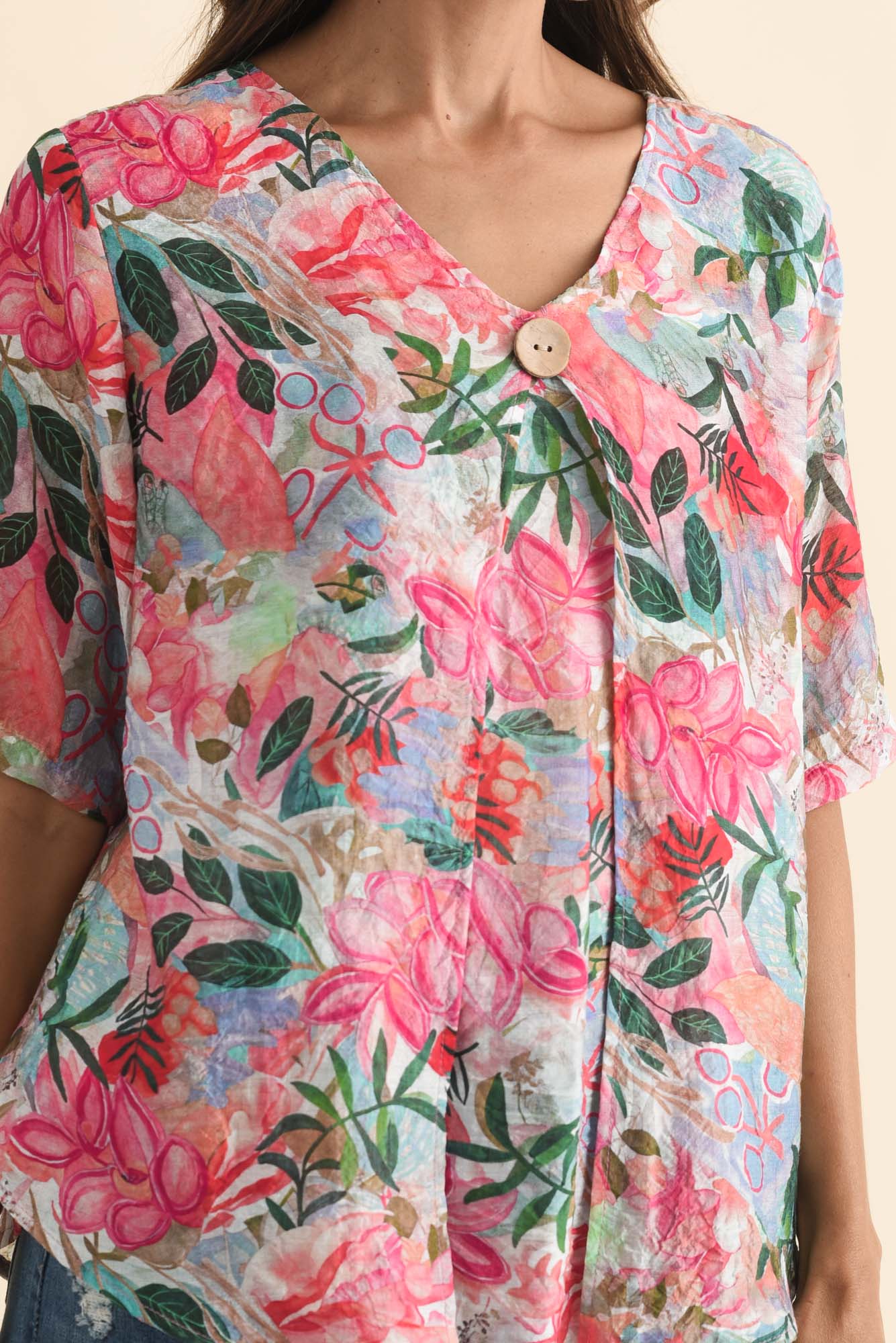 Yasmin Pink Floral Layered Button Top - Image 6