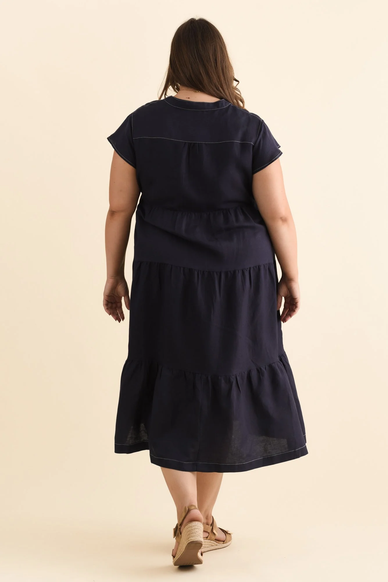 Yvette Navy Contrast Linen Blend Dress - Image 11