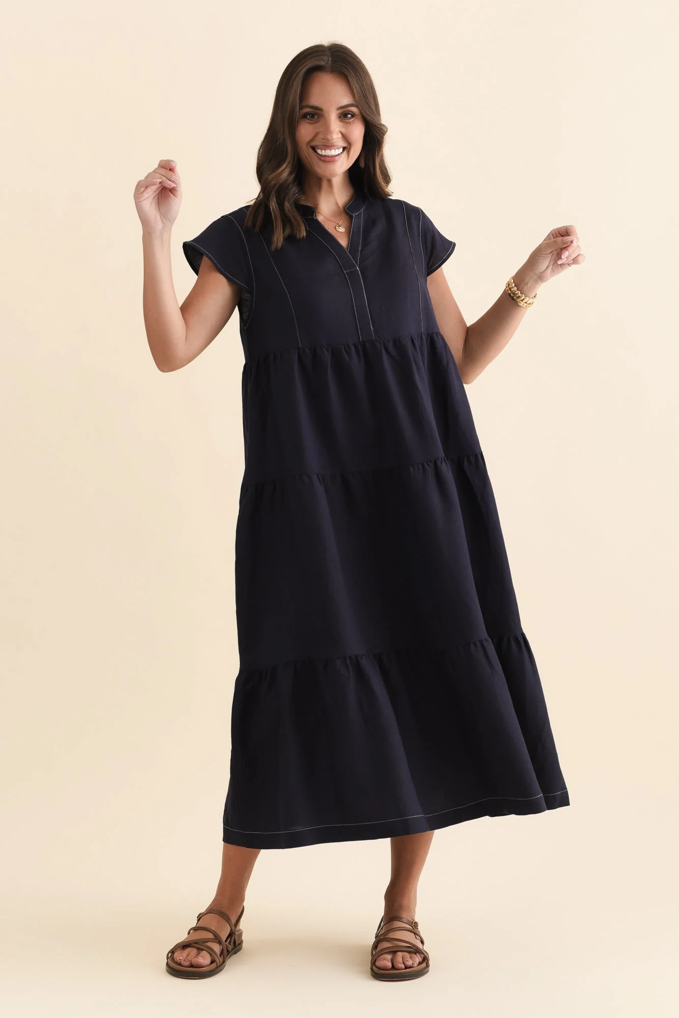 Yvette Navy Contrast Linen Blend Dress - Image 3