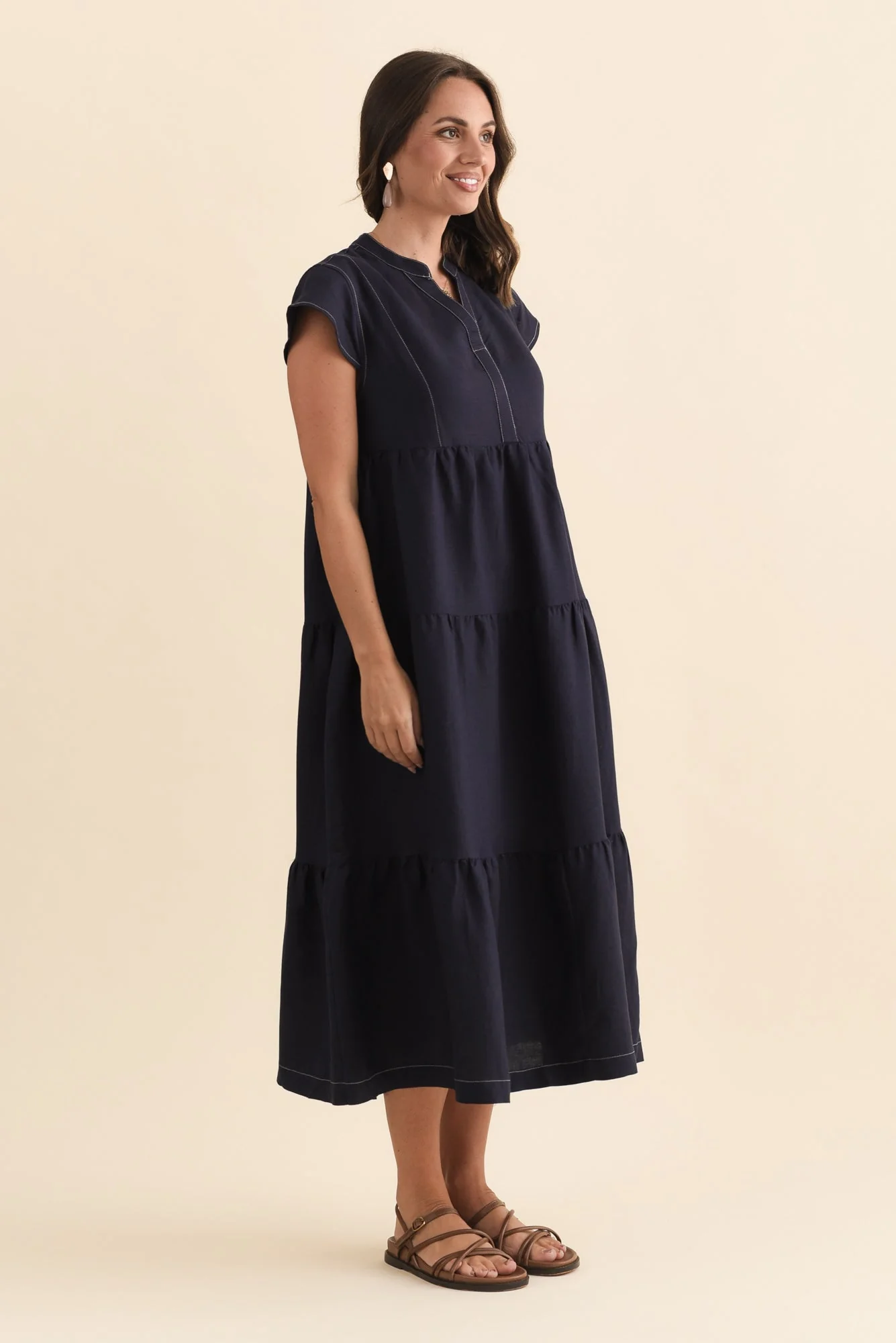 Yvette Navy Contrast Linen Blend Dress - Image 4