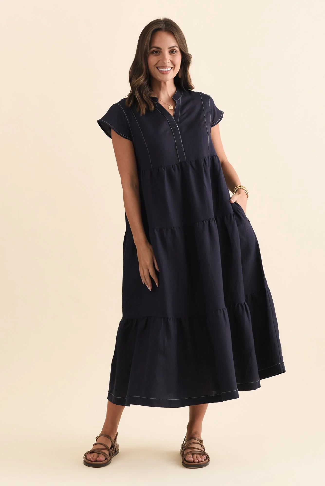 Yvette Navy Contrast Linen Blend Dress - Image 7