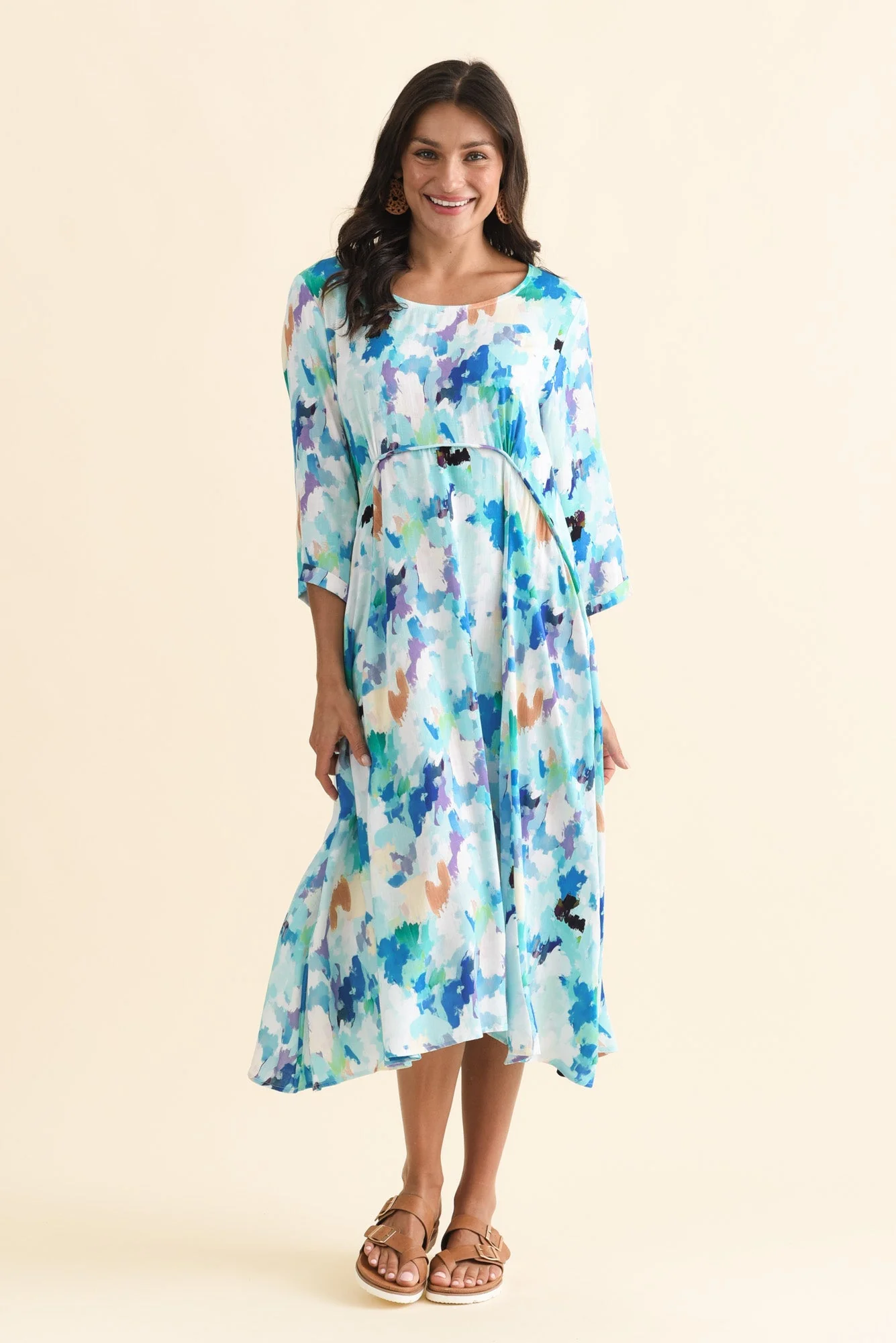 Zaelia Blue Watercolour Sleeved Crescent Dress - Image 2