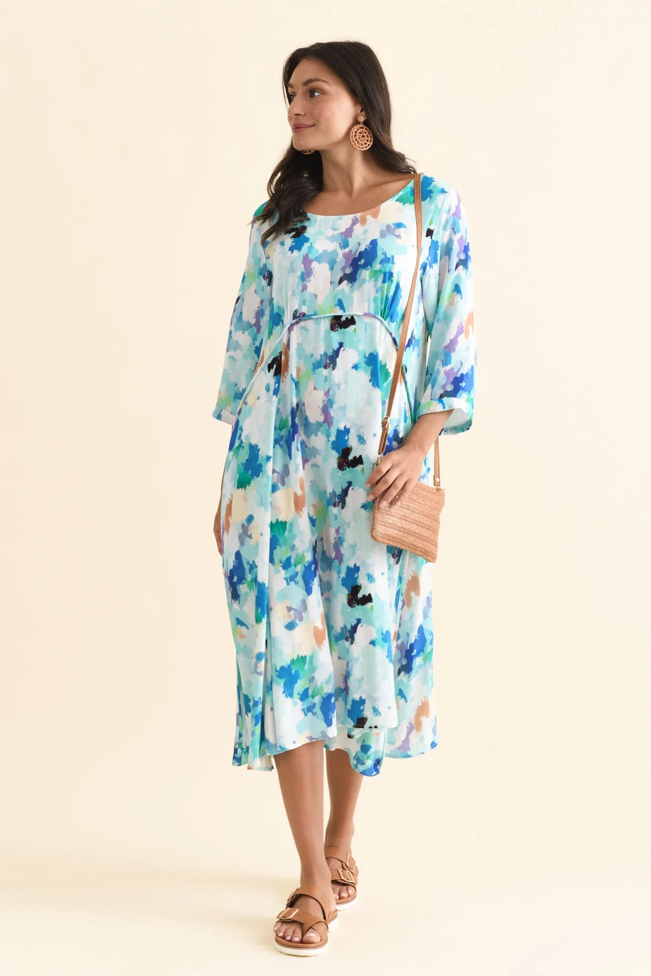 Zaelia Blue Watercolour Sleeved Crescent Dress - Image 3