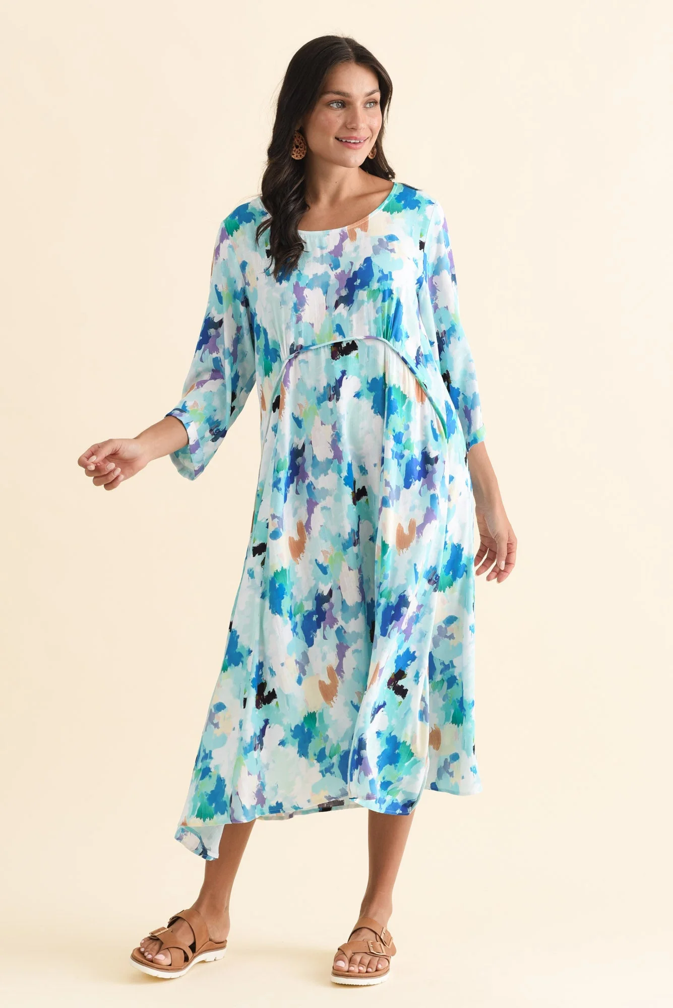 Zaelia Blue Watercolour Sleeved Crescent Dress - Image 7