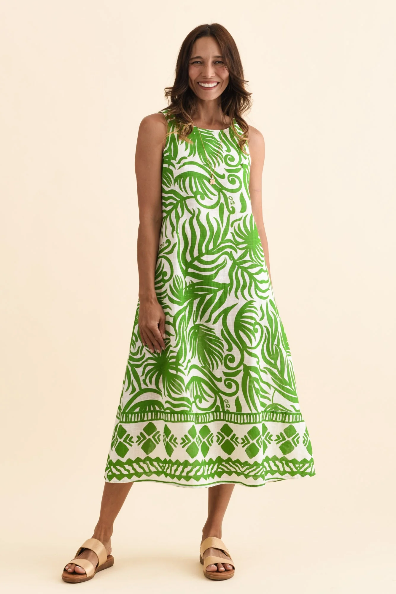 Zeldi Green Leaf Cotton Midi Dress