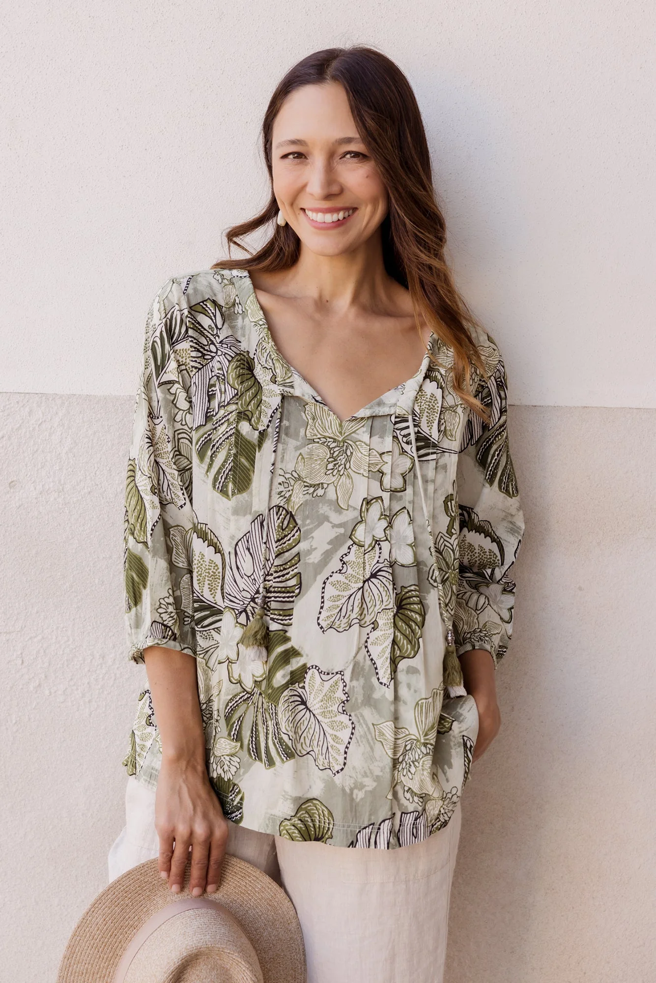 Zita Khaki Tropical Tassel Top